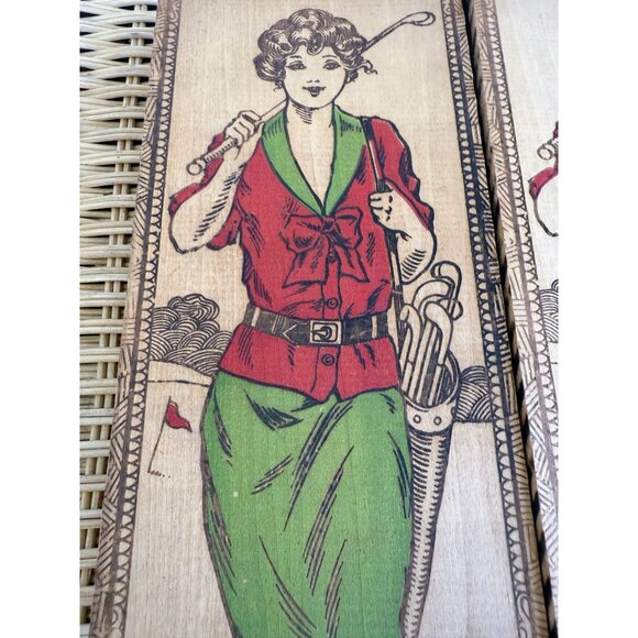 Antique 20's Pyrography Flemish Art Lady Golfer Handkerchief/Gloves Wood Box - Picture 5 of 12